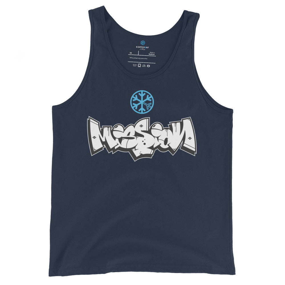 Navy-Mission Graffiti Piece Tank Top from B.Different Clothing, front view, graffiti-inspired streetwear