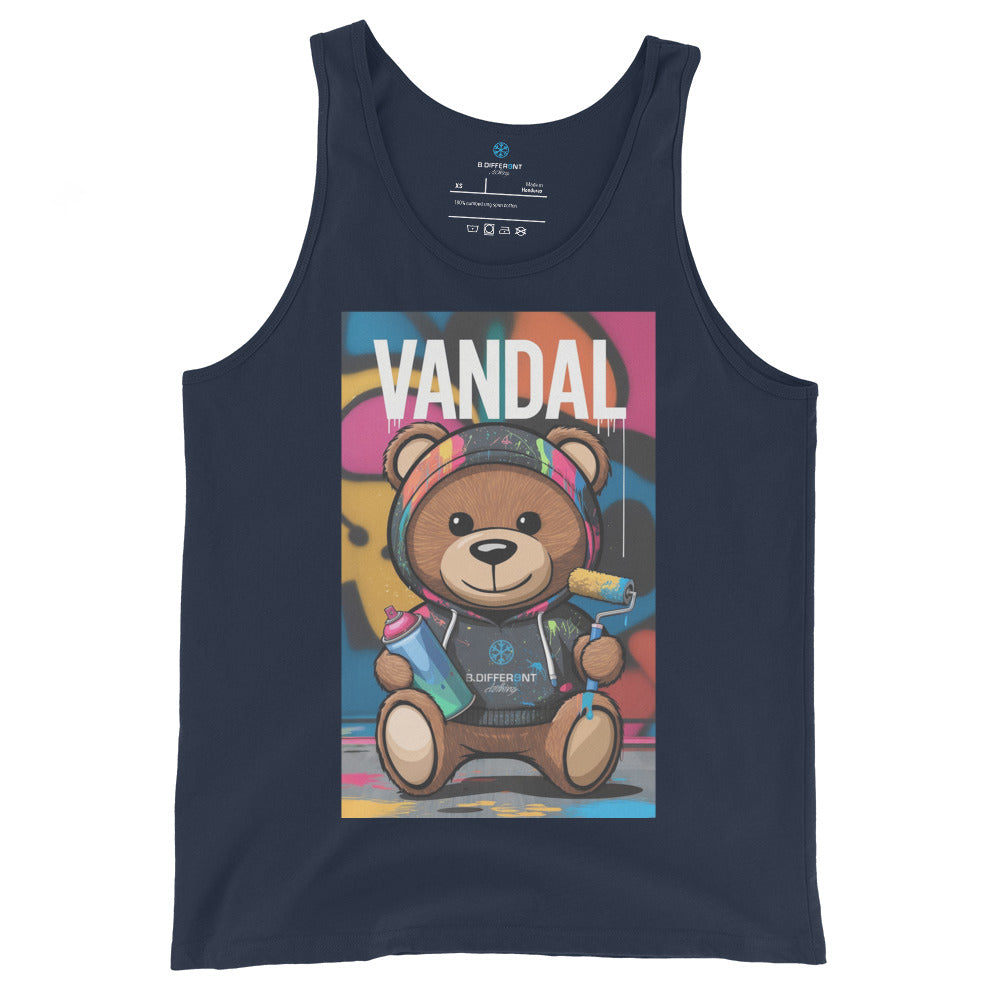 Navy-Vandal Teddy Bear Graffiti Tank Top from B.Different Clothing, front view, graffiti-inspired streetwear