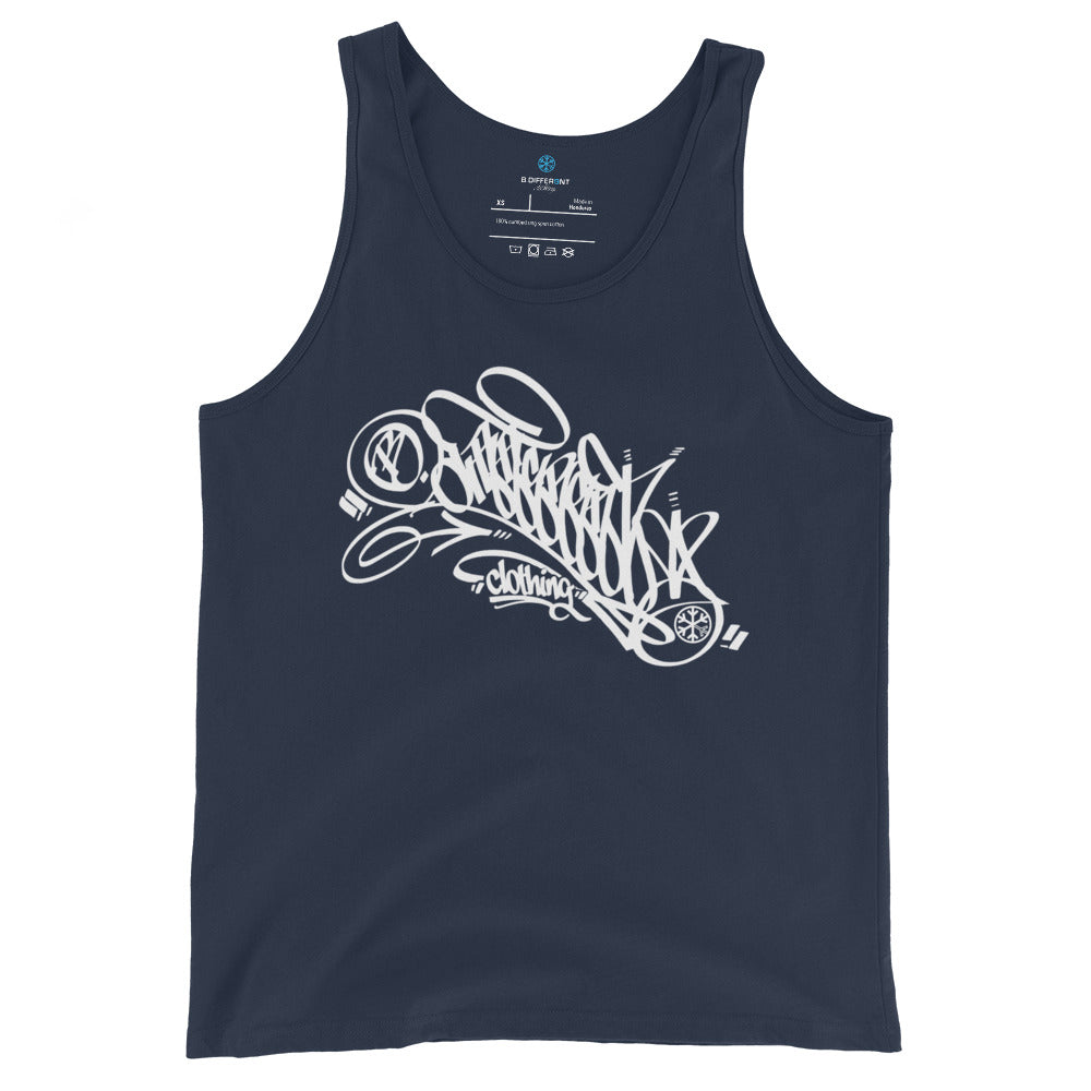 Navy-B.Different Clothing Graffiti Tag Tank Top from B.Different Clothing, front view, graffiti-inspired streetwear