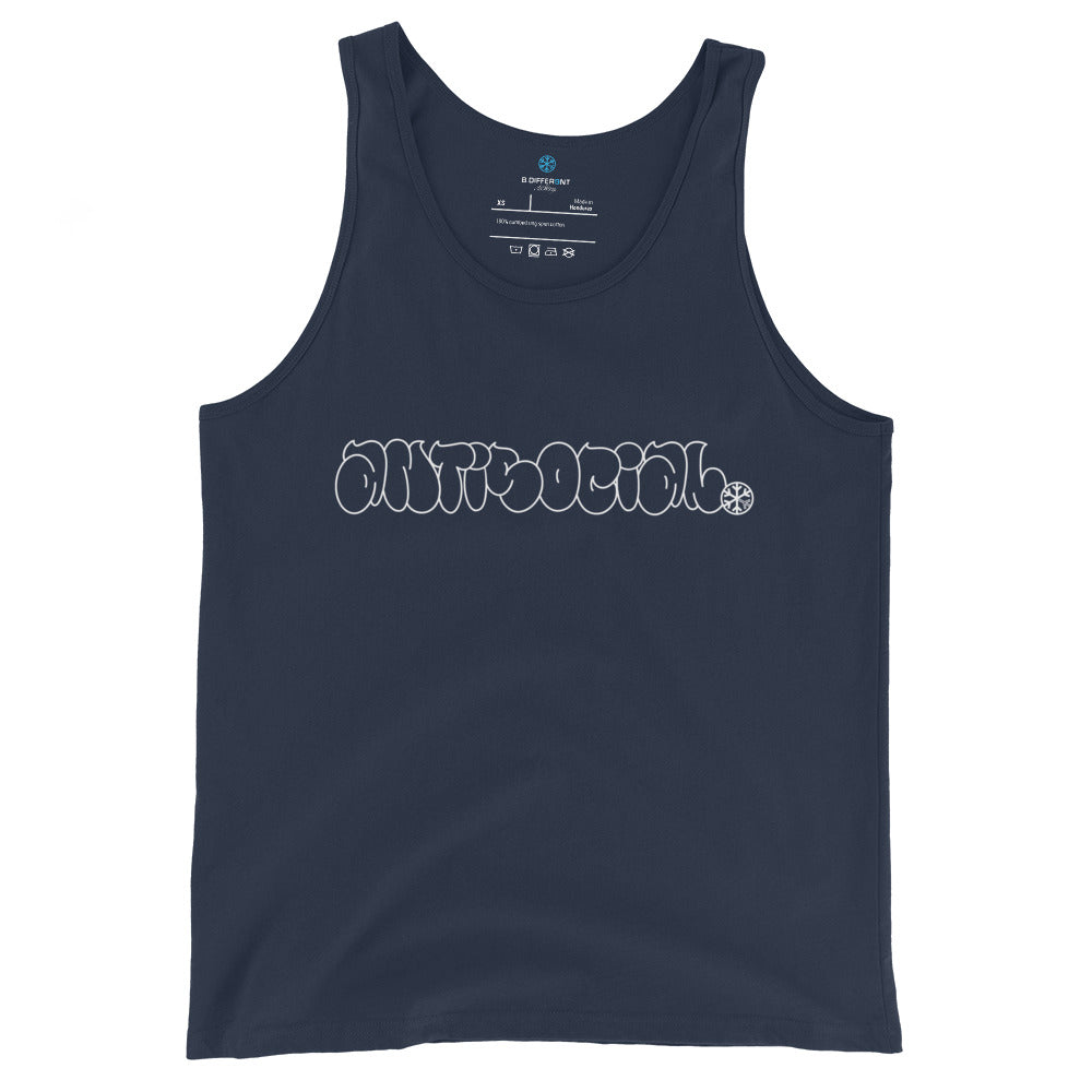Navy-Antisocial Graffiti Hollow Tank Top from B.Different Clothing, front view, graffiti-inspired streetwear