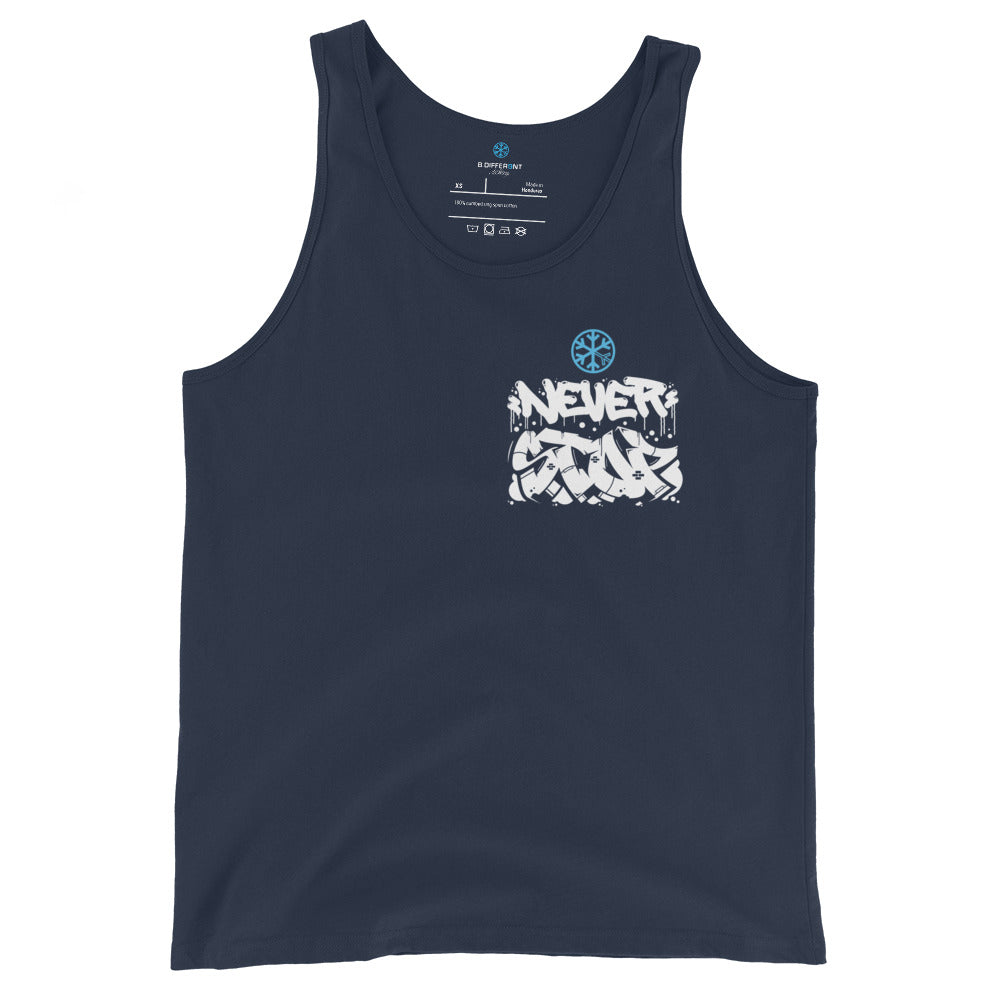 Navy-Never Stop Graffiti Character Tank Top from B.Different Clothing, front view, graffiti-inspired streetwear