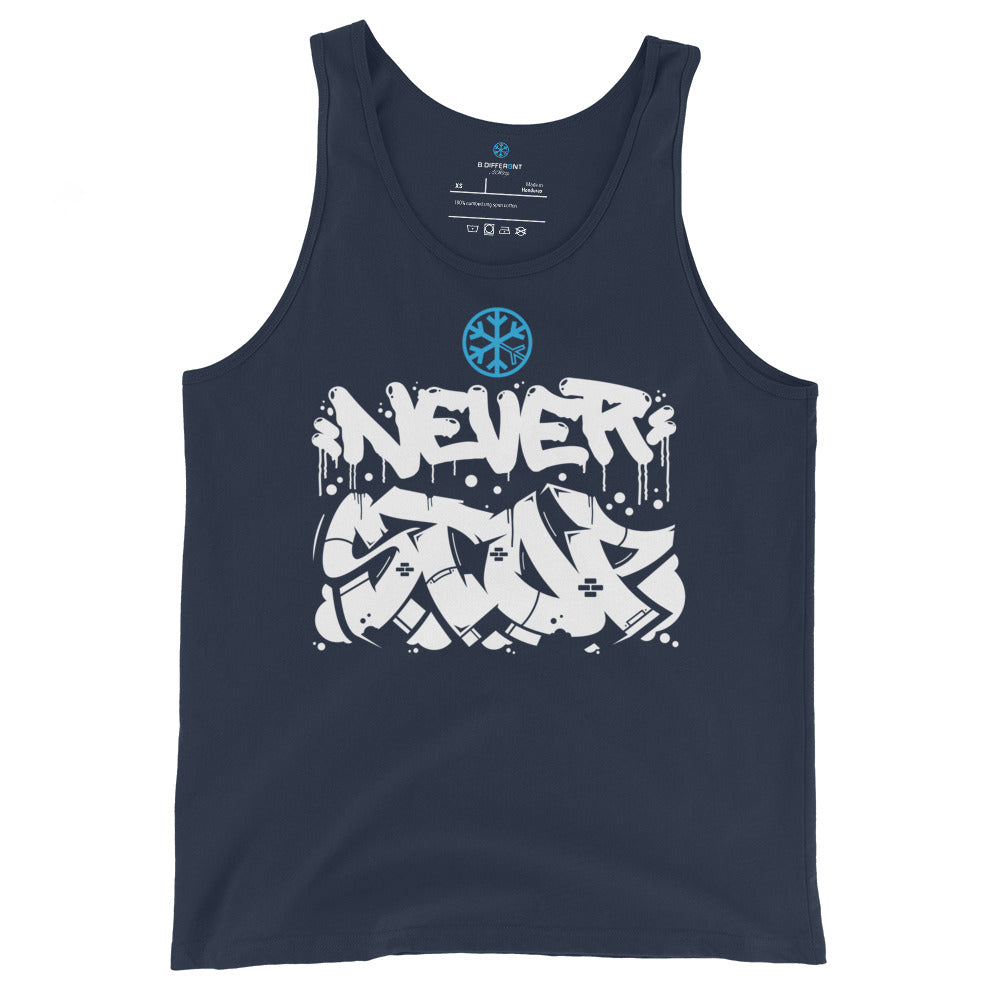 Navy-Never Stop Graffiti Piece Tank Top from B.Different Clothing, front view, graffiti-inspired streetwear