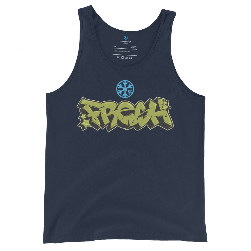 Navy-Fresh Graffiti Piece Tank Top from B.Different Clothing, front view, graffiti-inspired streetwear