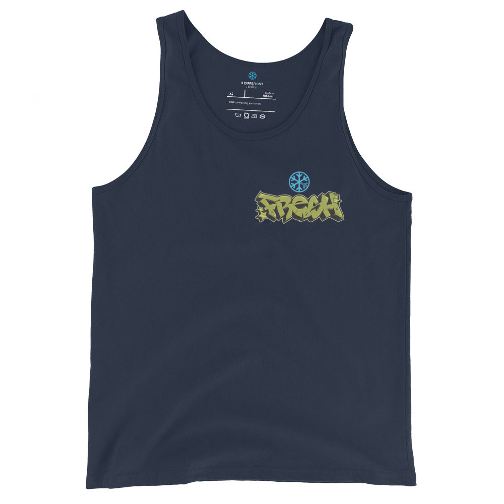 Navy-Fresh Graffiti Character Tank Top from B.Different Clothing, back view, graffiti-inspired streetwear