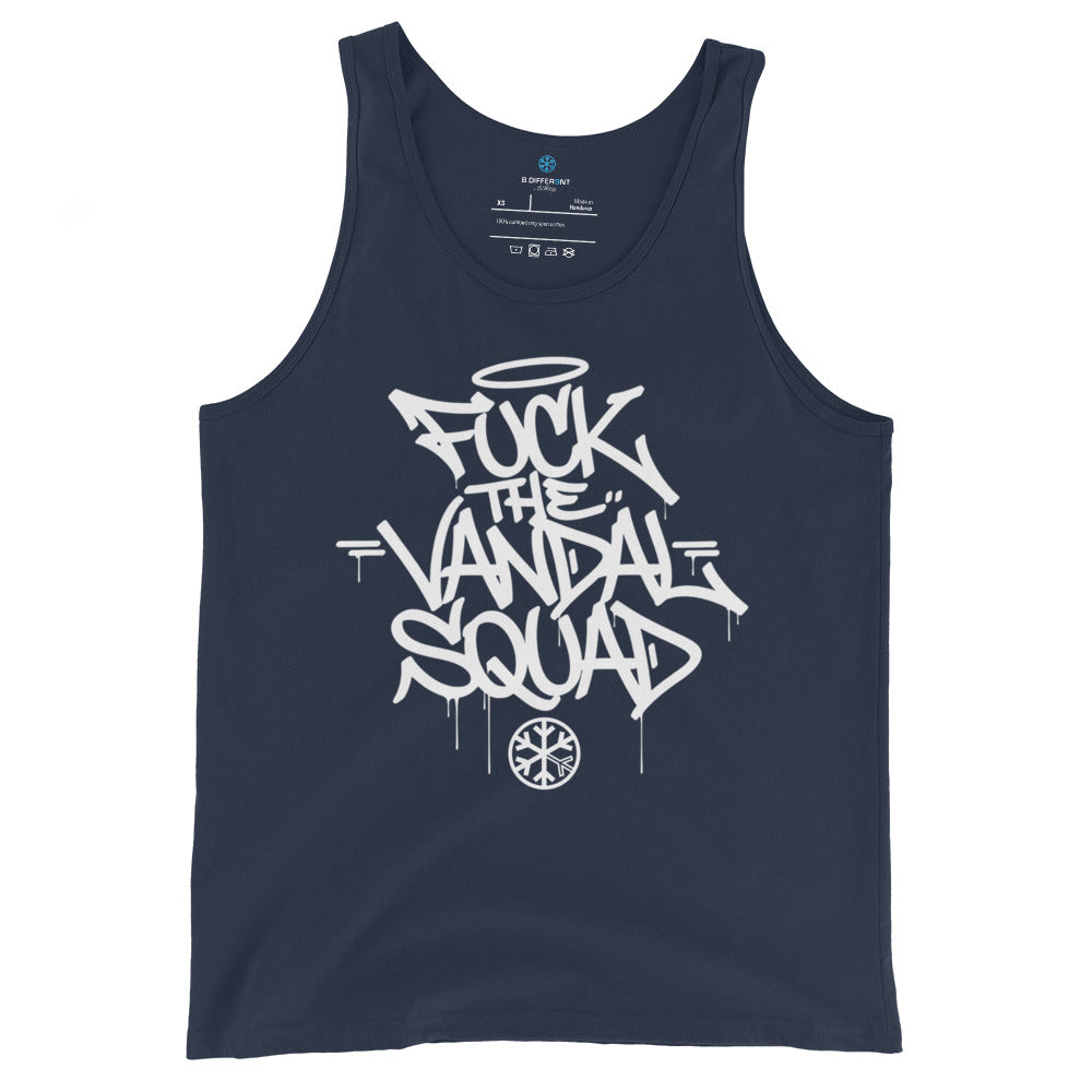 Navy-Fuck The Vandal Squad Graffiti Tank Top from B.Different Clothing, front view, graffiti-inspired streetwear