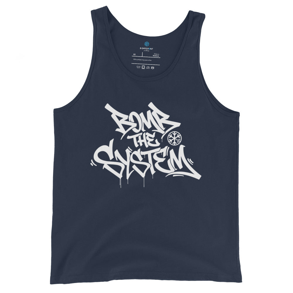 Navy-Bomb The System Graffiti Tank Top from B.Different Clothing, front view, graffiti-inspired streetwear