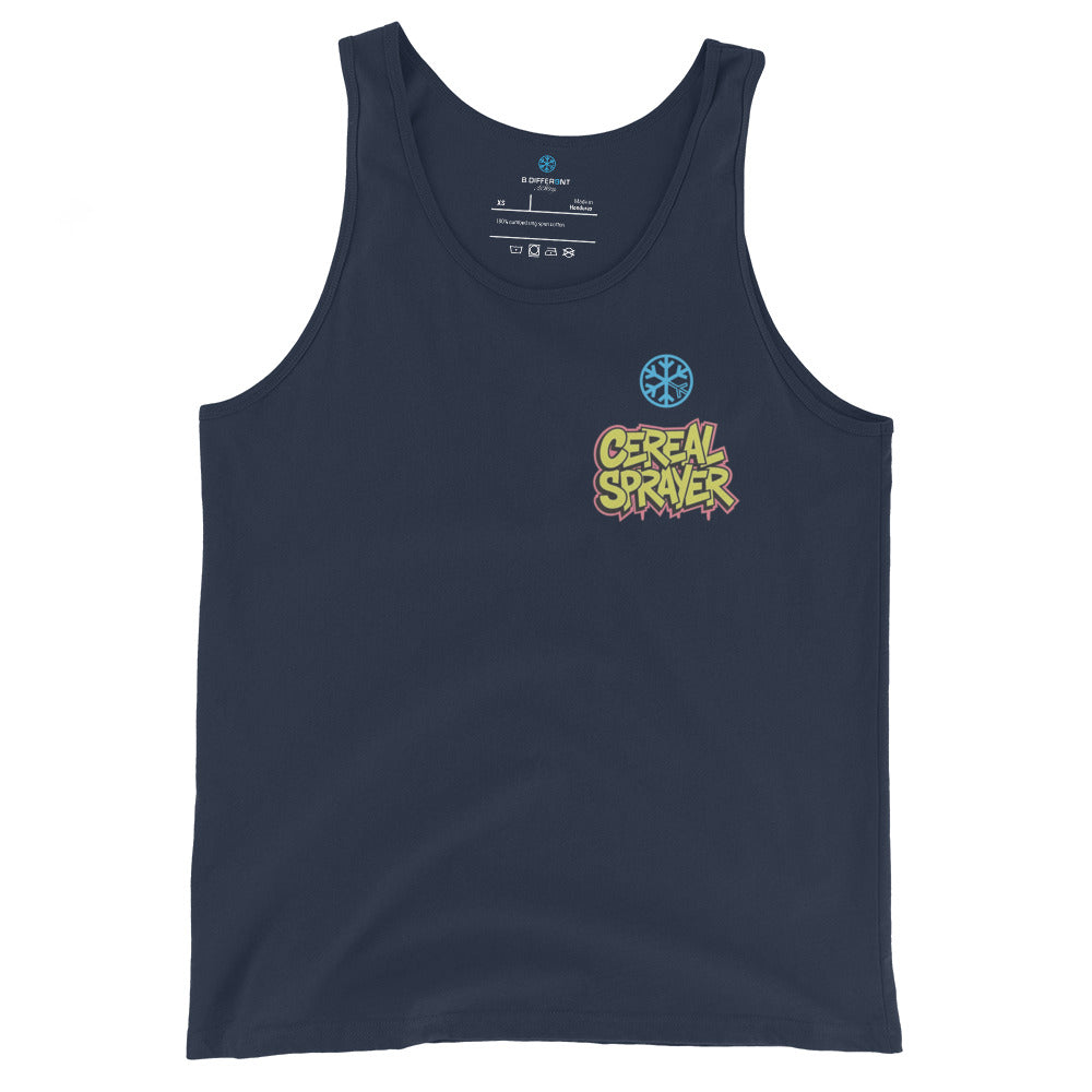 Navy-Cereal Sprayer Graffiti Tank Top from B.Different Clothing, front view, graffiti-inspired streetwear