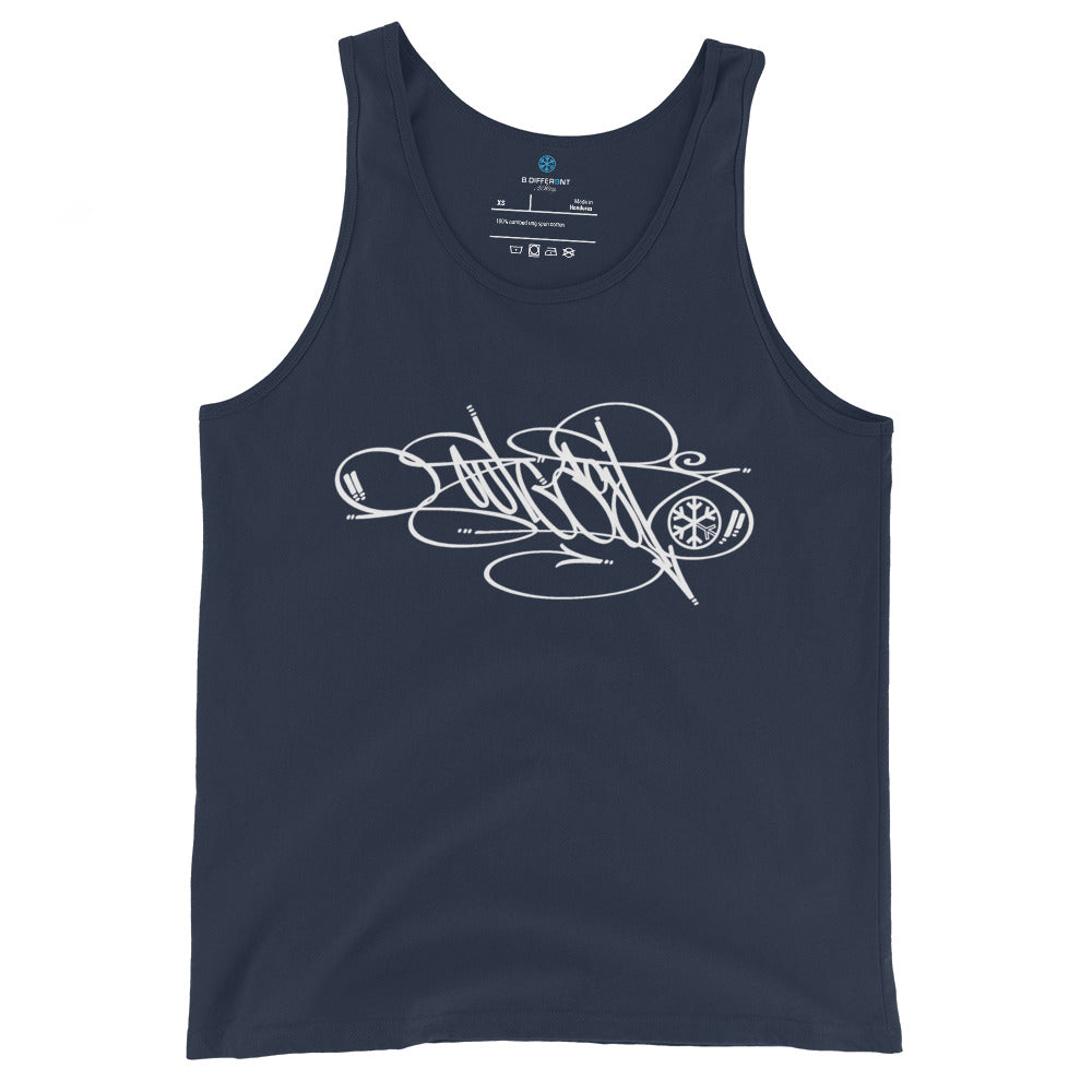 Navy-Outcast Tag Tank Top by Graffiti Dad from B.Different Clothing, front view, graffiti-inspired streetwear