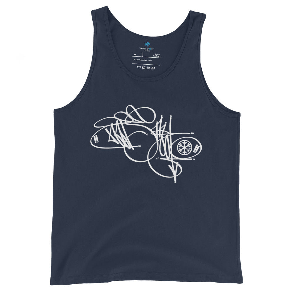 Navy-Misfit Tag Tank Top by Graffiti Dad from B.Different Clothing, front view, graffiti-inspired streetwear
