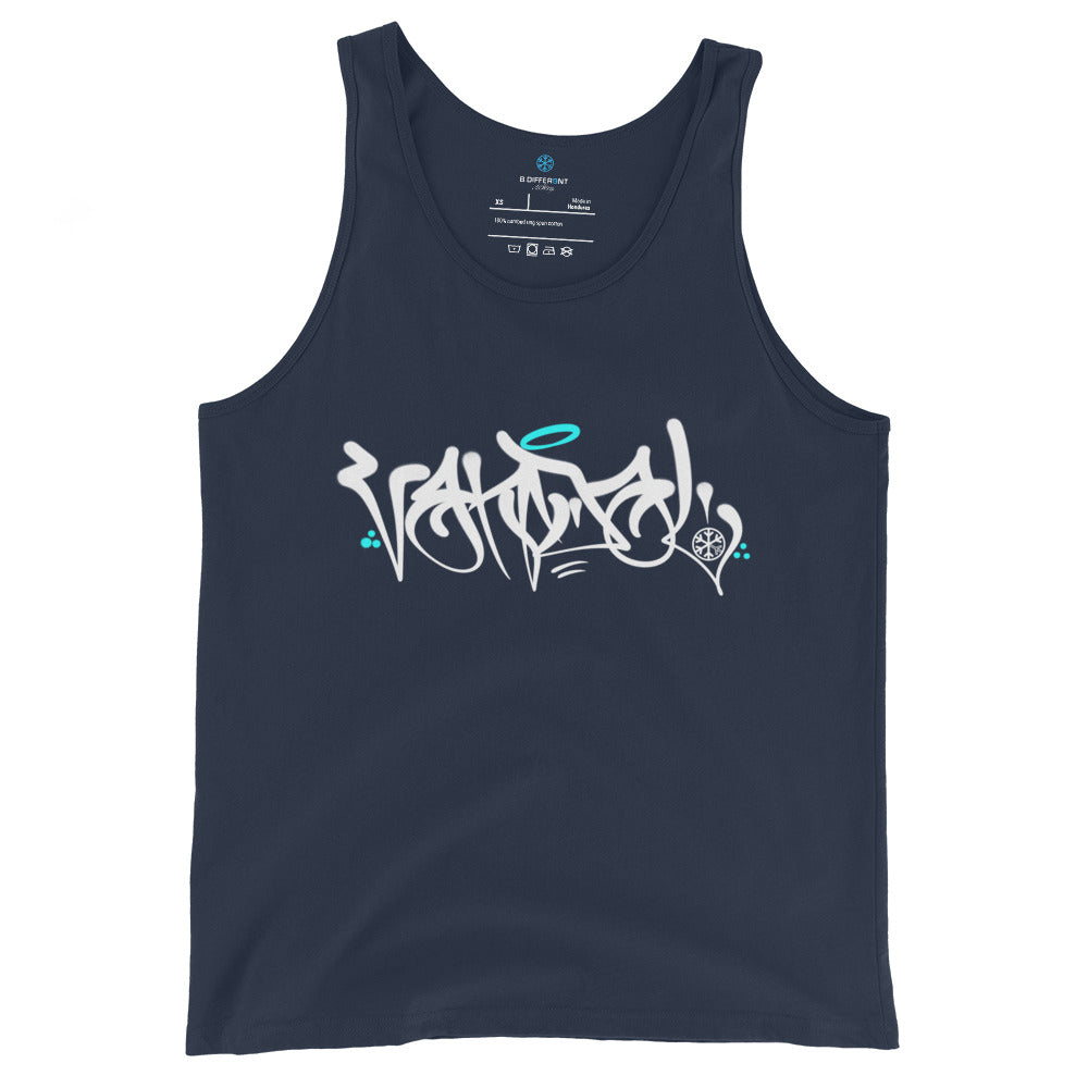 Navy-Vandal Graffiti Tag Tank Top by Caos One from B.Different Clothing, front view, graffiti-inspired streetwear