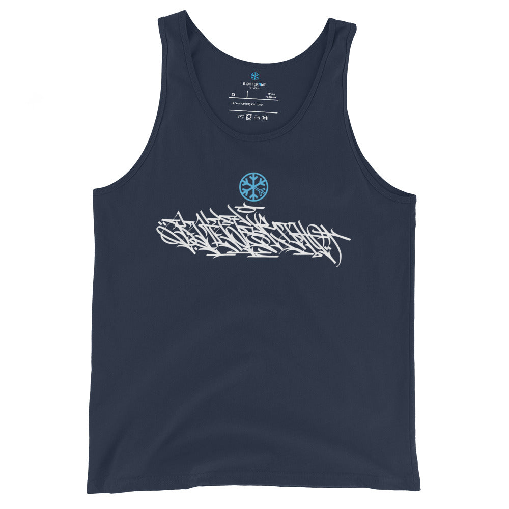 Navy-Shew Collab Graffiti Tank Top from B.Different Clothing, front view, graffiti-inspired streetwear