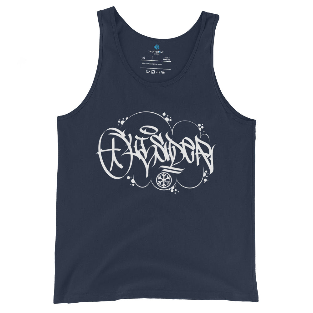 Navy-Outsider Graffiti Tag Tank Top by Caos One from B.Different Clothing, front view, graffiti-inspired streetwear