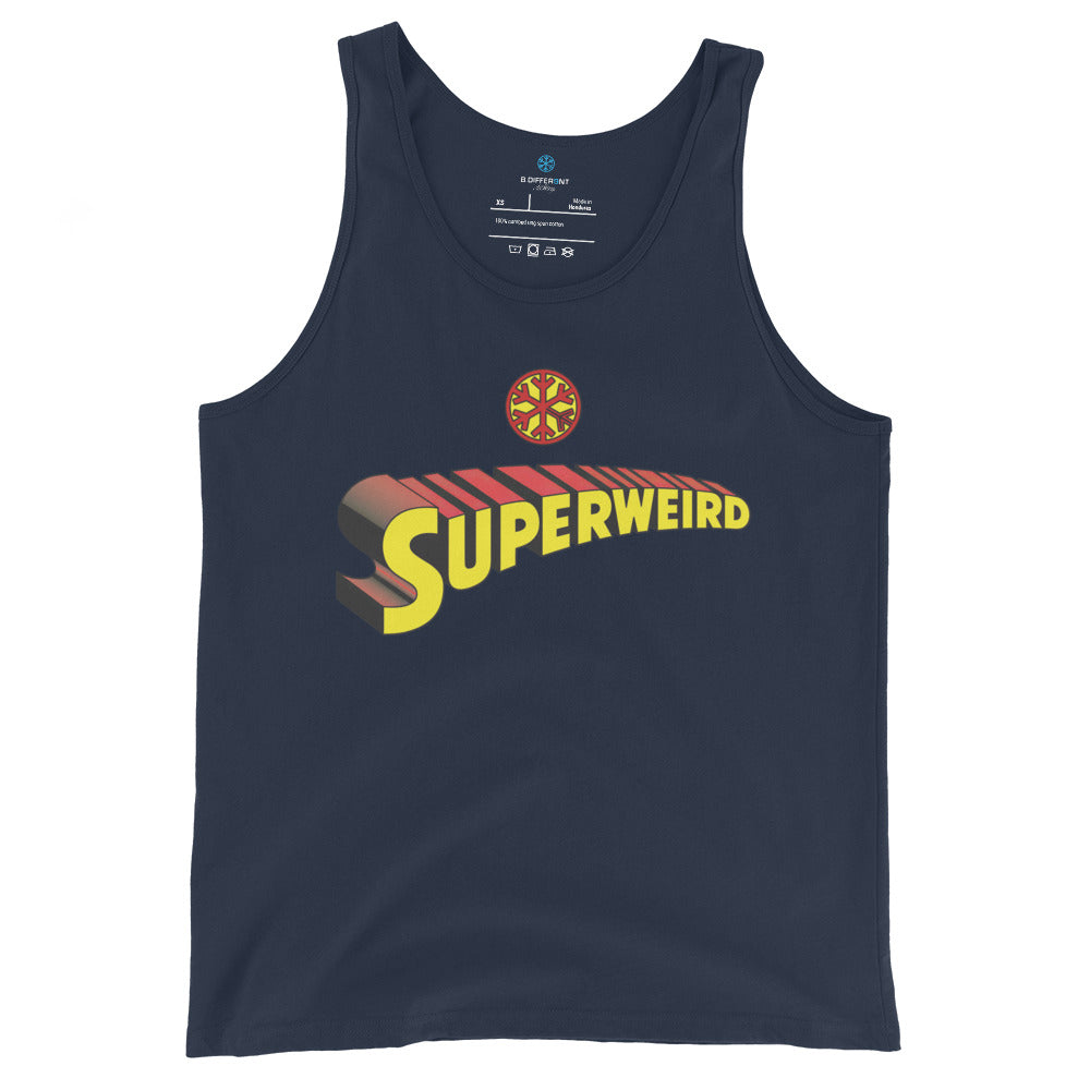 Navy-Superweird Tank Top from B.Different Clothing, front view, graffiti-inspired streetwear