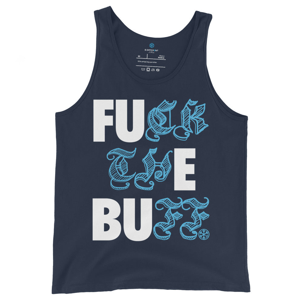 Navy-Fuck The Buff Graffiti Tank Top from B.Different Clothing, front view, graffiti-inspired streetwear