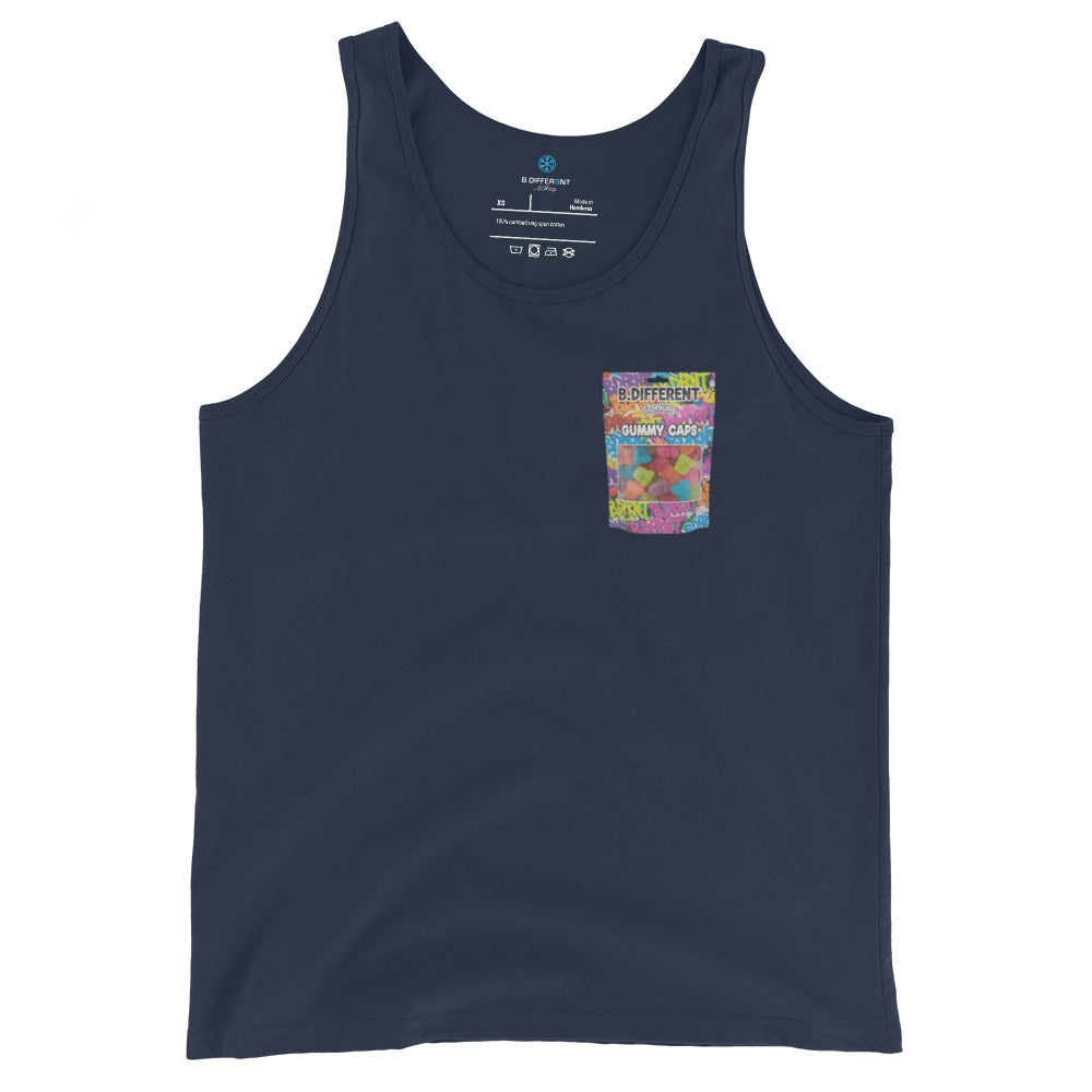 Navy-Gummy Caps Graffiti Tank Top from B.Different Clothing, front view, graffiti-inspired streetwear