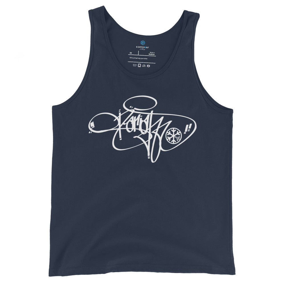 Navy-Pariah Tag Tank Top by Graffiti Dad from B.Different Clothing, front view, graffiti-inspired streetwear