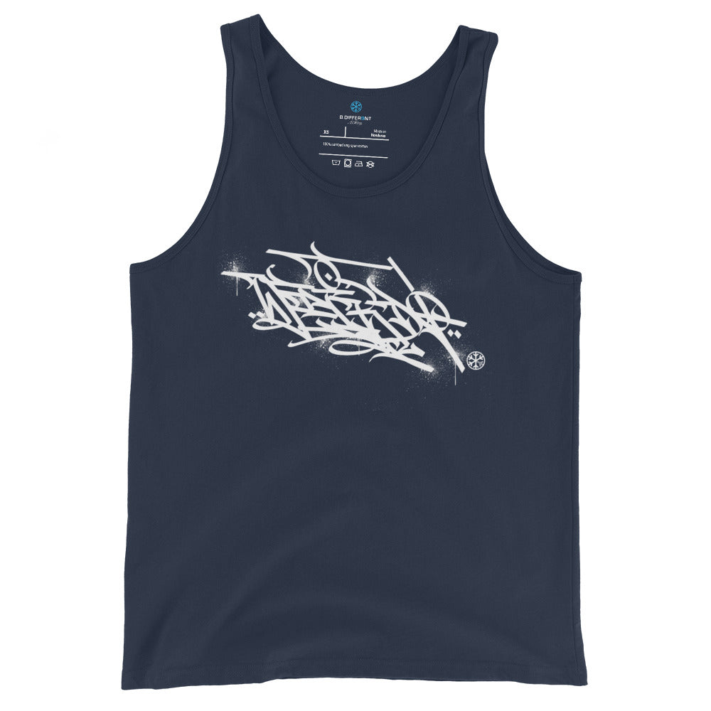 Navy-Weirdo Graffiti Tag Tank Top by Shew from B.Different Clothing, front view, graffiti-inspired streetwear