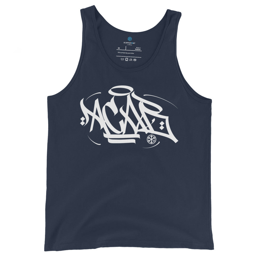 Navy-Acab Graffiti Tag Tank Top by Caos One from B.Different Clothing, front view, graffiti-inspired streetwear