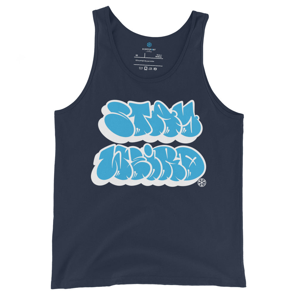 Navy-Stay Weird Graffiti Throwie Tank Top by Monsterinho from B.Different Clothing, front view, graffiti-inspired streetwear