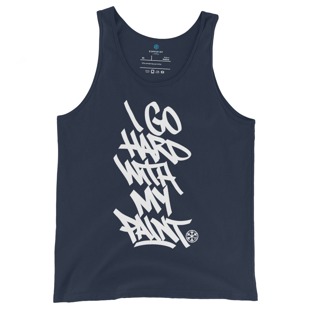 Navy-I Go Hard With My Paint Graffiti Tank Top from B.Different Clothing, front view, graffiti-inspired streetwear