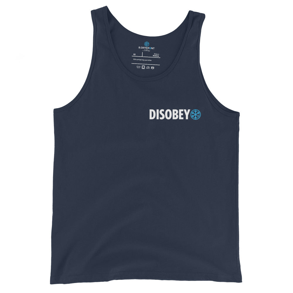Navy-Pixel Disobey Tank Top from B.Different Clothing, front view, graffiti-inspired streetwear