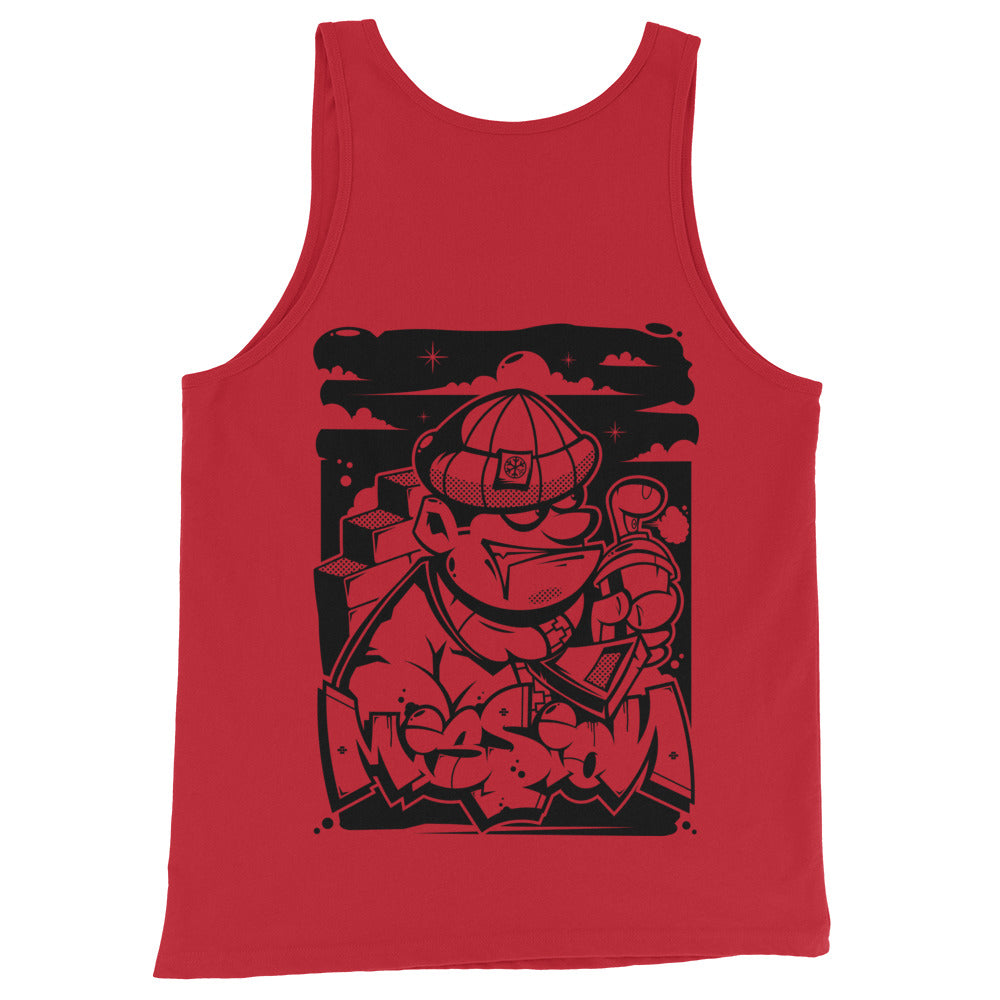 Red-Mission Graffiti Character Tank Top from B.Different Clothing, back view, graffiti-inspired streetwear