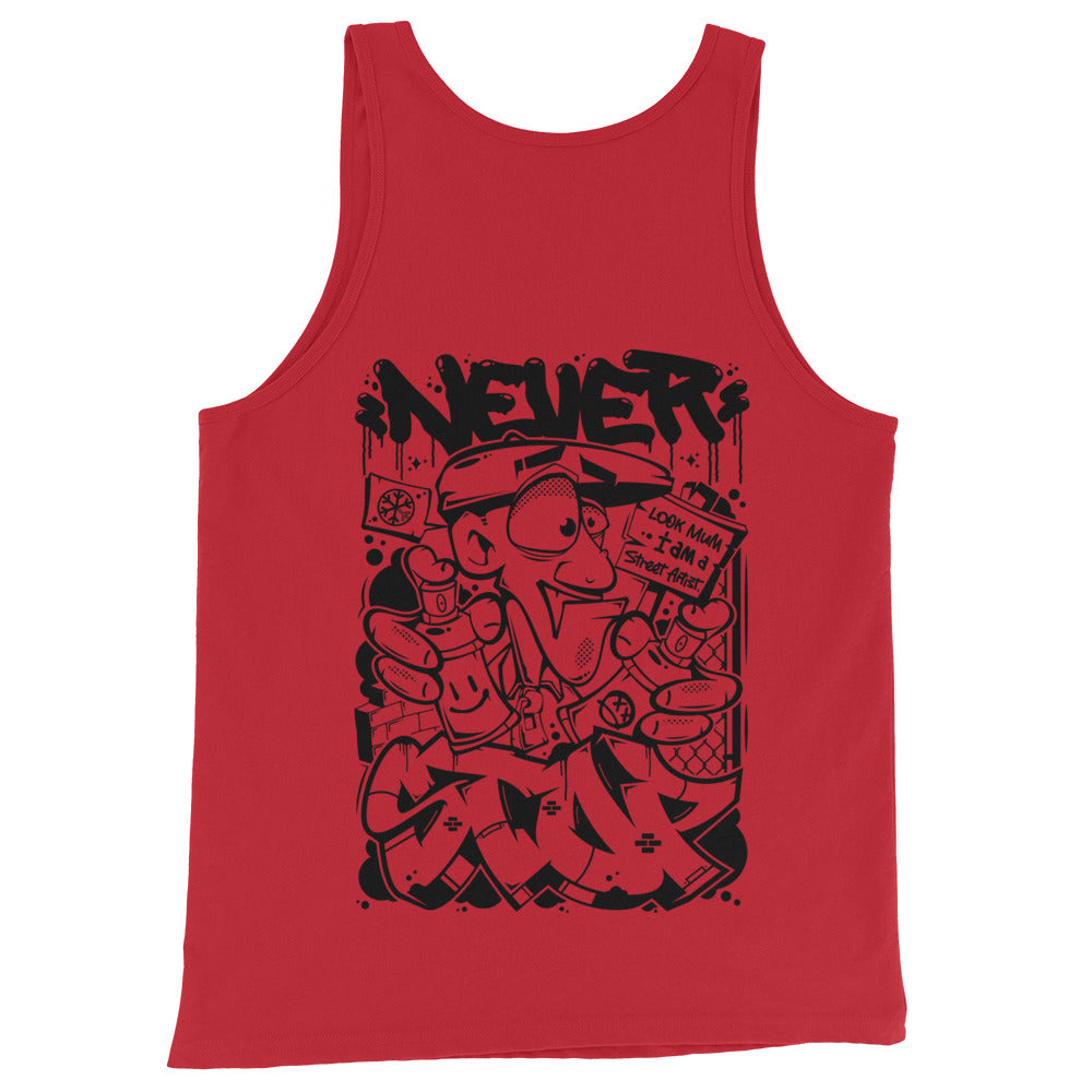 Red-Never Stop Graffiti Character Tank Top from B.Different Clothing, back view, graffiti-inspired streetwear