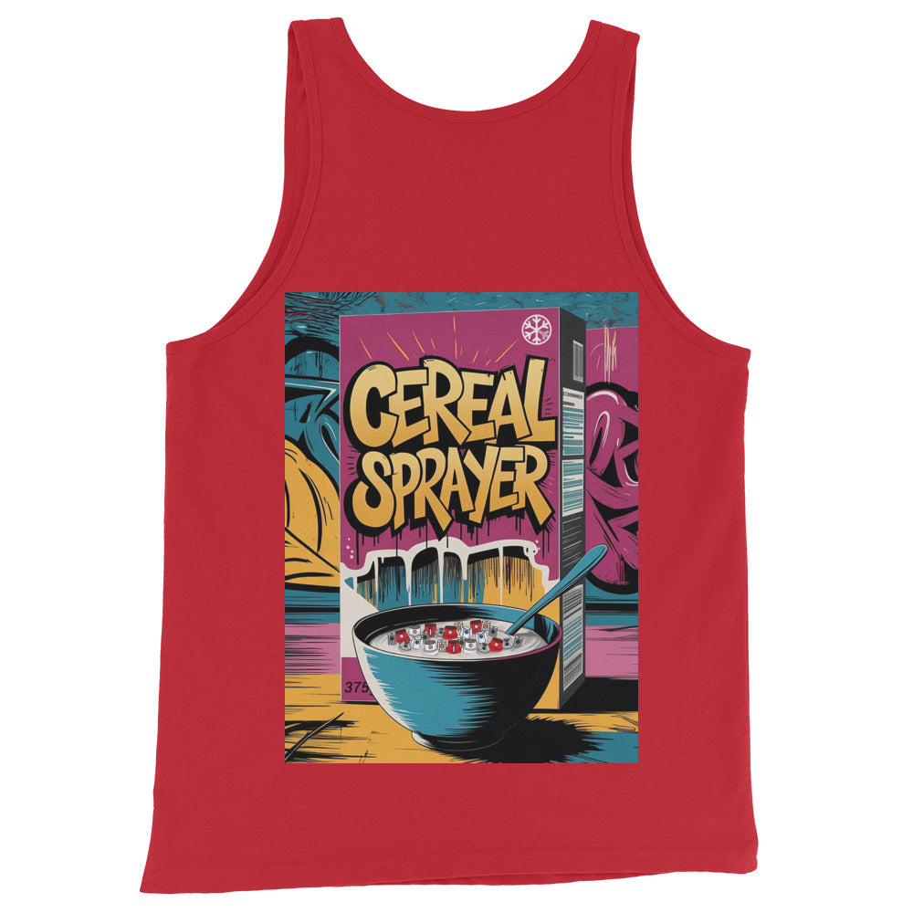 Red-Cereal Sprayer Graffiti Tank Top from B.Different Clothing, back view, graffiti-inspired streetwear