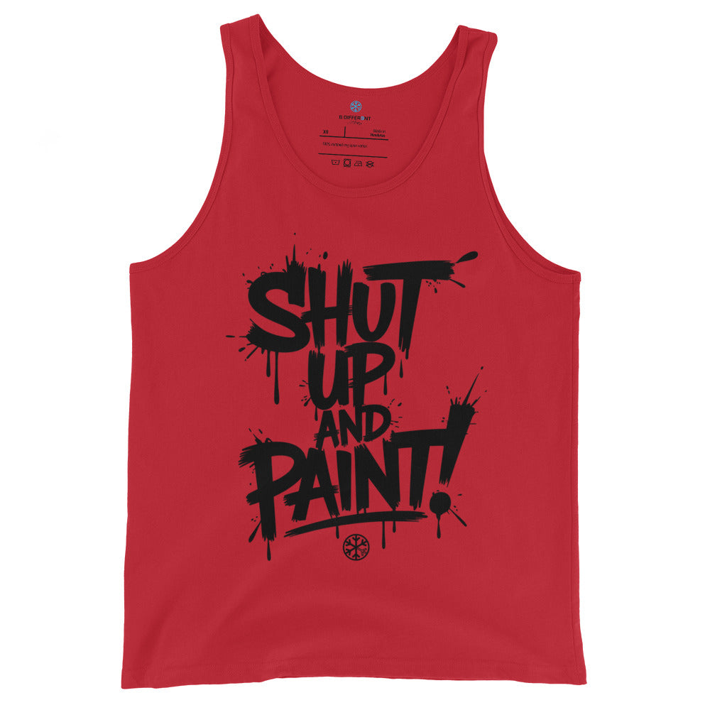 Red-Shut Up and Paint Graffiti Tank Top from B.Different Clothing, front view, graffiti-inspired streetwear