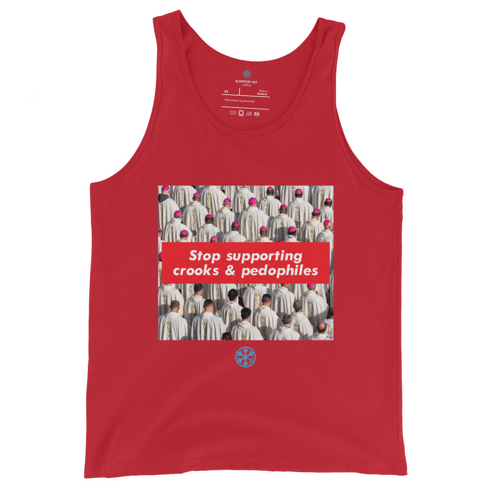 Red-Vatican Crooks Tank Top from B.Different Clothing, front view, graffiti-inspired streetwear