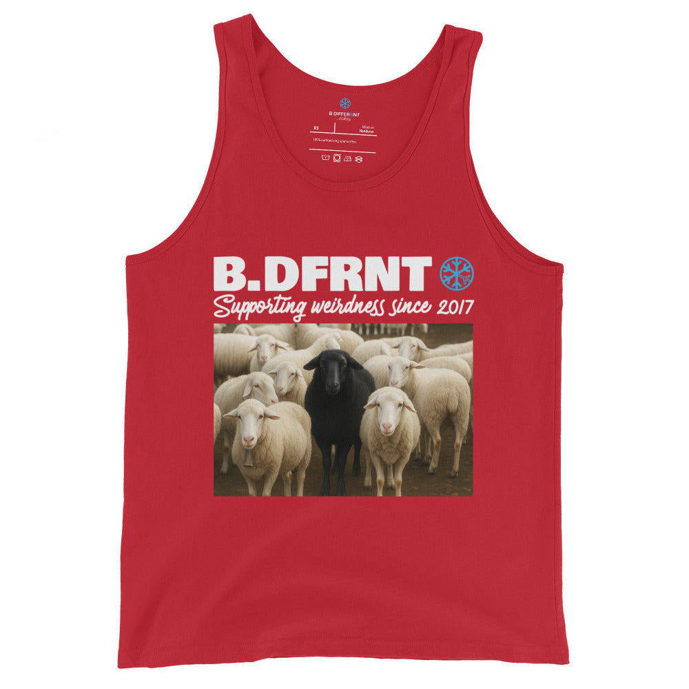 Red-Black Sheep Tank Top from B.Different Clothing, front view, graffiti-inspired streetwear