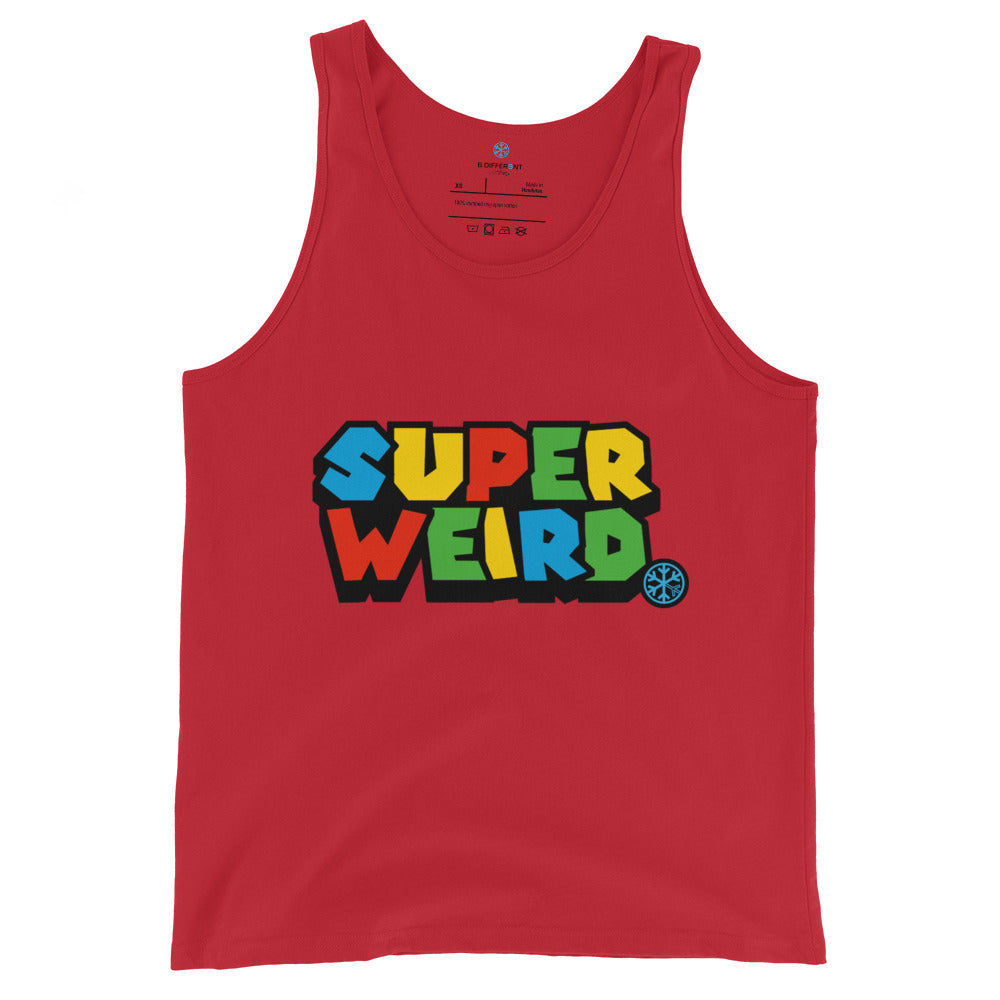 Red-Super Weird Tank Top from B.Different Clothing, front view, graffiti-inspired streetwear