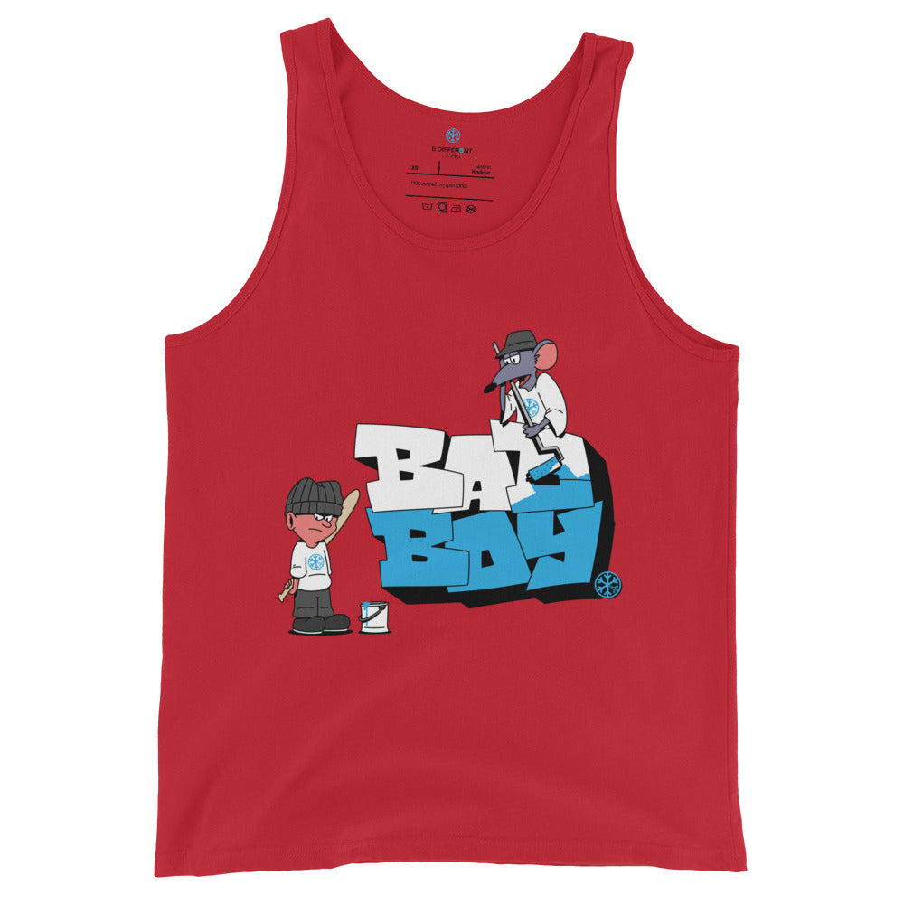 Red-Bad Boy Graffiti Tank Top from B.Different Clothing, front view, graffiti-inspired streetwear