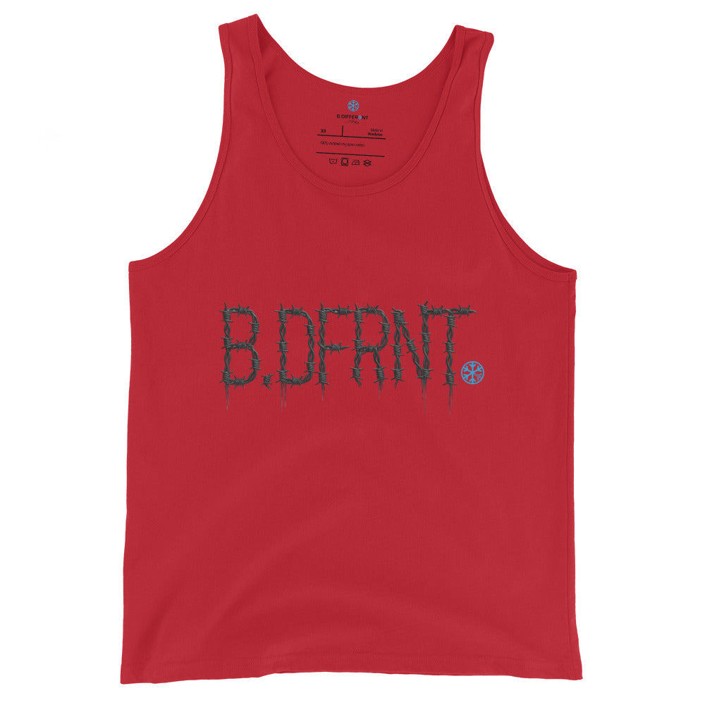 Red-B.DFRNT Barbed Wire Tank Top from B.Different Clothing, front view, graffiti-inspired streetwear