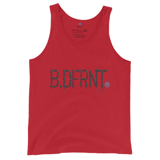 Red-B.DFRNT Barbed Wire Tank Top from B.Different Clothing, front view, graffiti-inspired streetwear