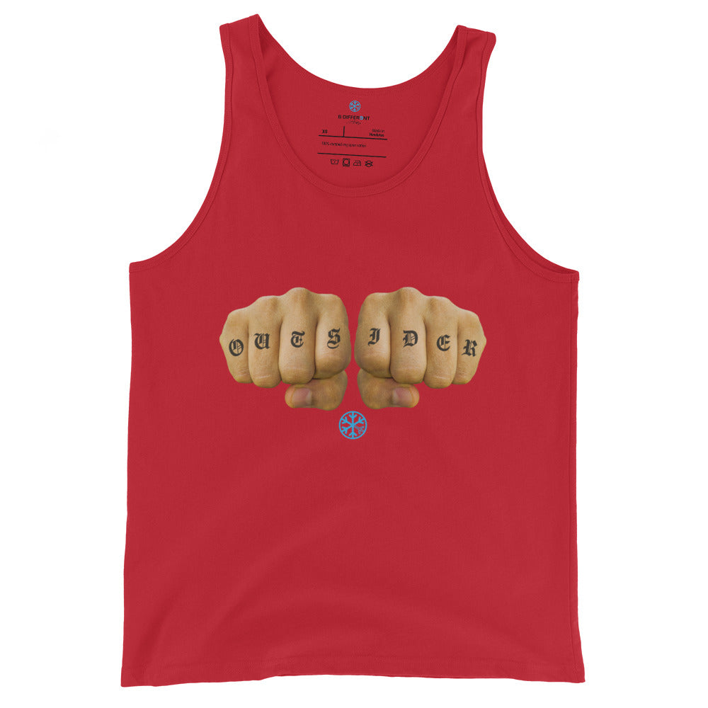 Red-Outsider Tattoo Tank Top from B.Different Clothing, front view, graffiti-inspired streetwear