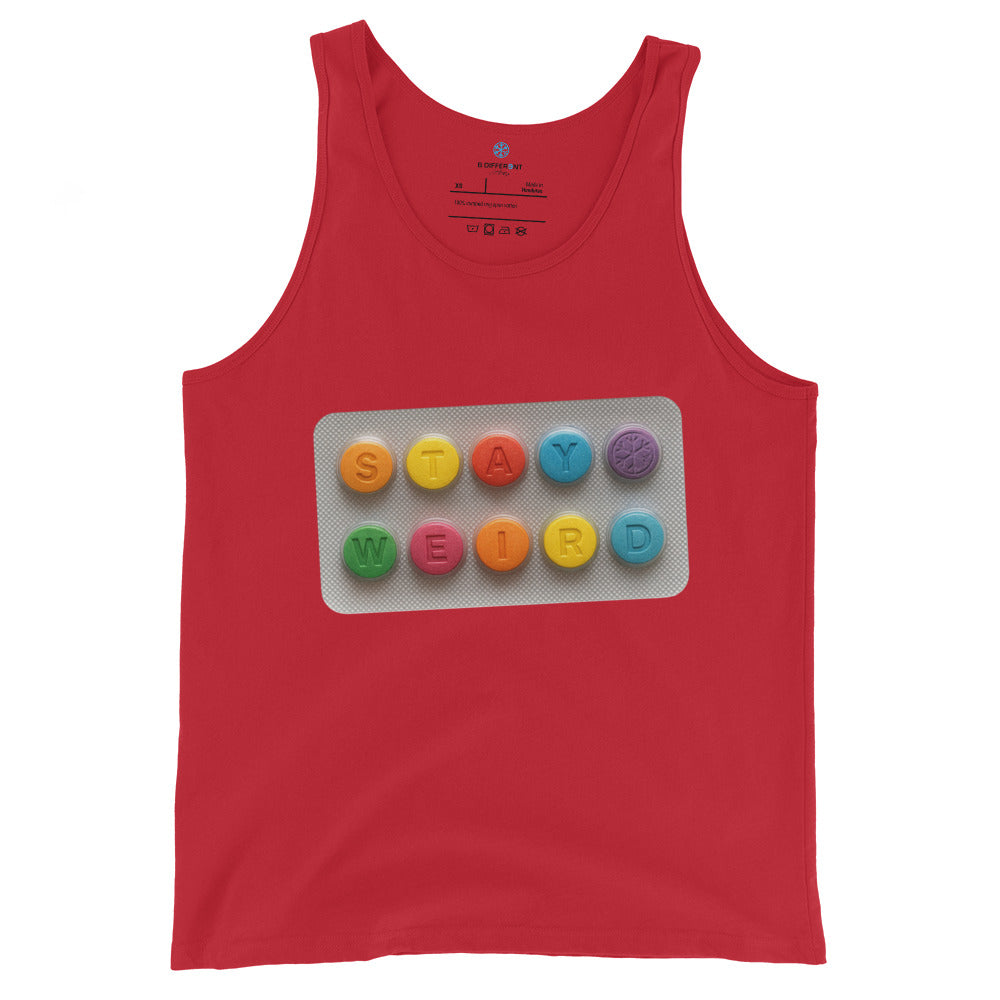 Red-Stay Weird Pills Tank Top from B.Different Clothing, front view, graffiti-inspired streetwear