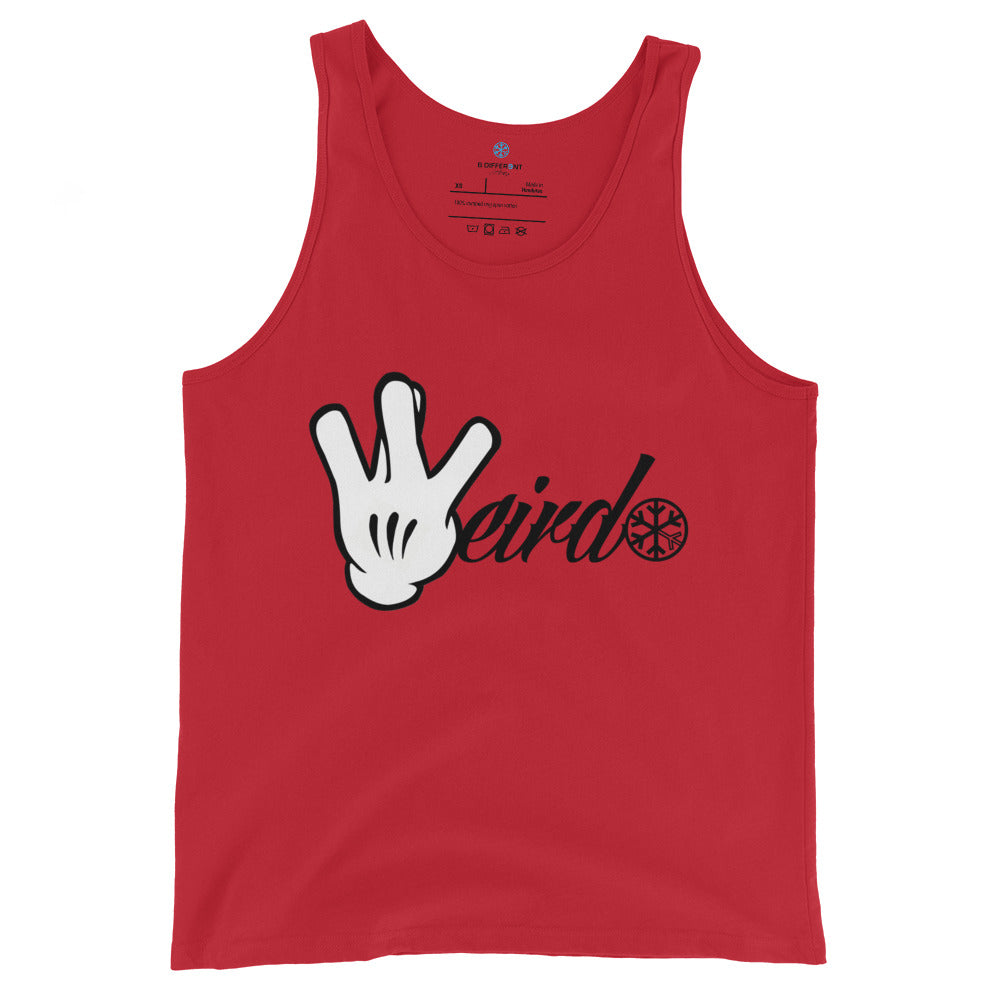 Red-Weirdo Hand Sign Tank Top from B.Different Clothing, front view, graffiti-inspired streetwear