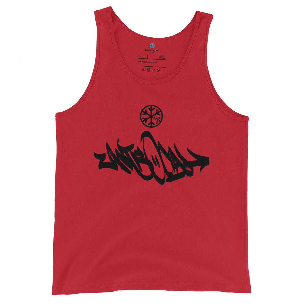 Red-Antisocial Graffiti Tag Tank Top from B.Different Clothing, front view, graffiti-inspired streetwear