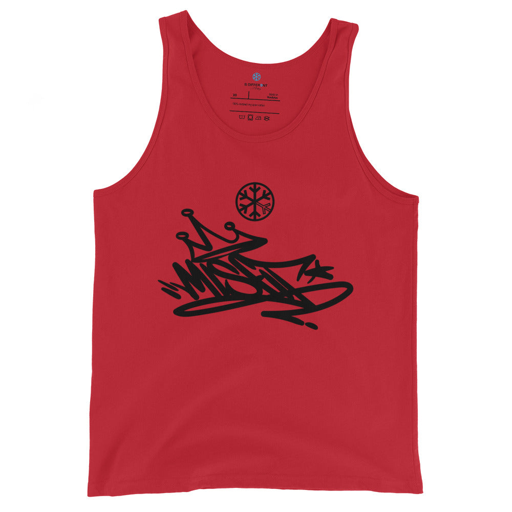 Red-Misfit Graffiti Tag Tank Top from B.Different Clothing, front view, graffiti-inspired streetwear