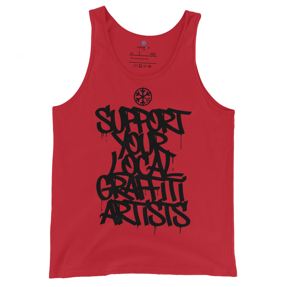 Red-Support Your Local Graffiti Artists Tank Top from B.Different Clothing, front view, graffiti-inspired streetwear