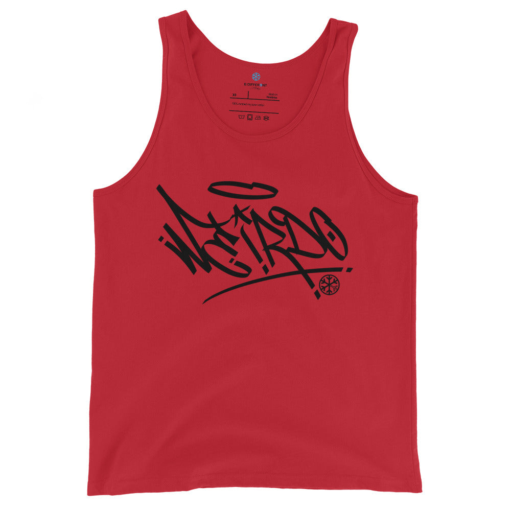 Red-Weirdo Tag Graffiti Tank Top from B.Different Clothing, front view, graffiti-inspired streetwear