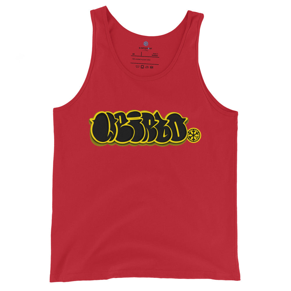 Red-Weirdo Graffiti Throwie Tank Top from B.Different Clothing, front view, graffiti-inspired streetwear