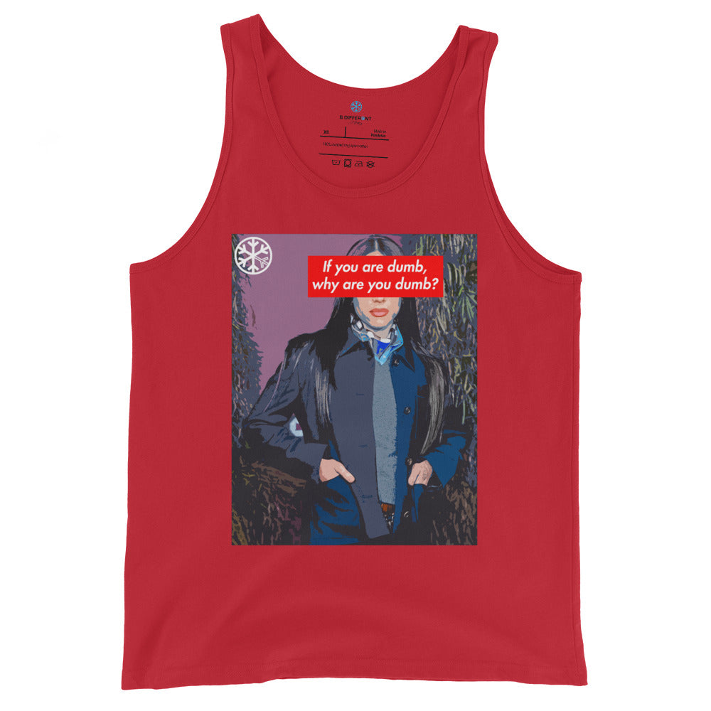 Red-Why Are You Dumb Tank Top from B.Different Clothing, front view, graffiti-inspired streetwear mockup