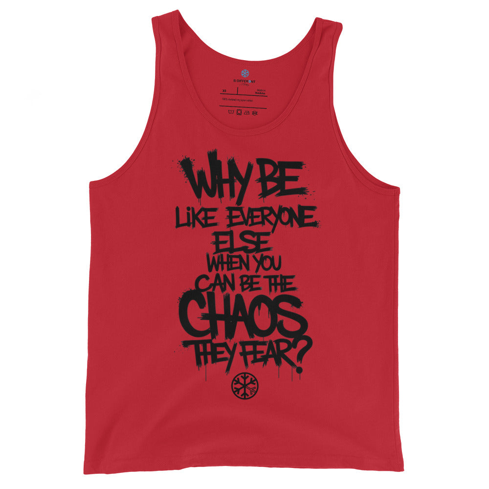 Red-Chaos They Fear Graffiti Tag Tank Top from B.Different Clothing, front view, graffiti-inspired streetwear