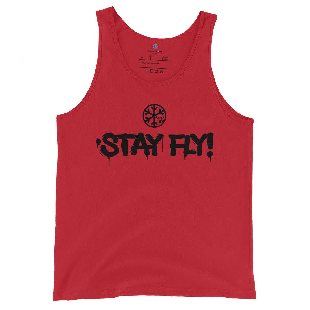 Red-Stay Fly Graffiti Tag Tank Top from B.Different Clothing, front view, graffiti-inspired streetwear