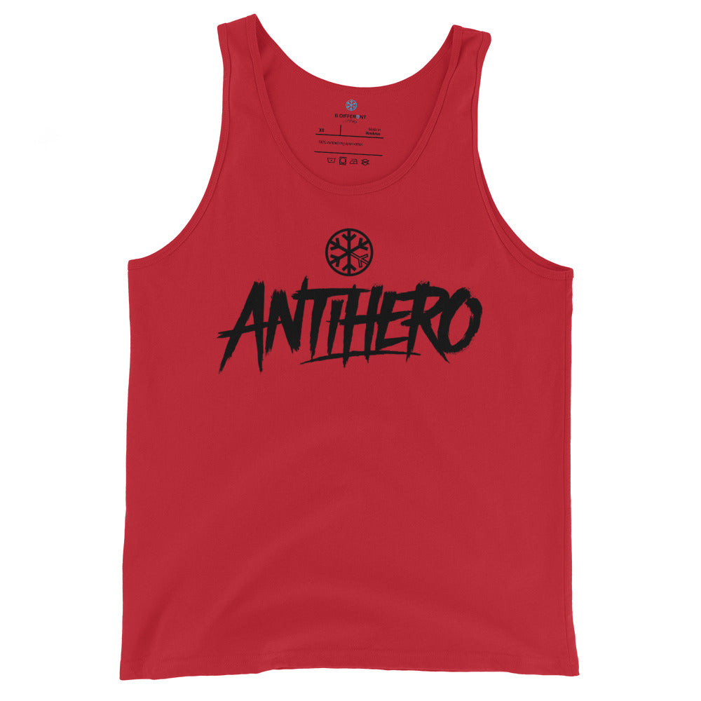 Red-Antihero Graffiti Tag Tank Top from B.Different Clothing, front view, graffiti-inspired streetwear