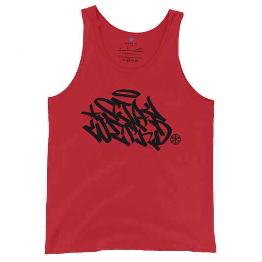 Red-Stay Weird Graffiti Tag Tank Top from B.Different Clothing, front view, graffiti-inspired streetwear