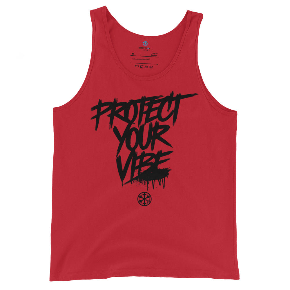 Red-Protect Your Vibe Graffiti Tag Tank Top from B.Different Clothing, front view, graffiti-inspired streetwear