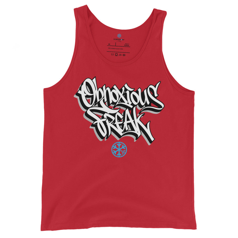 Red-Obnoxious Freak Graffiti Tank Top from B.Different Clothing, front view, graffiti-inspired streetwear